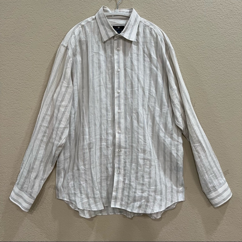 Toscano Mens Sz XL Shirt Light Blue Stripe Linen Long Sleeve Button Up Casual